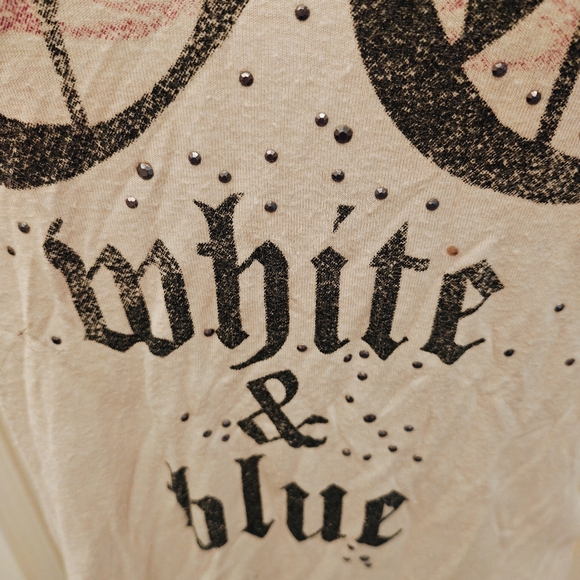 Y2K Rock & Republic Studded Rock White & Blue Graphic Tee w Strappy Neck Detail. - Picture 6 of 11